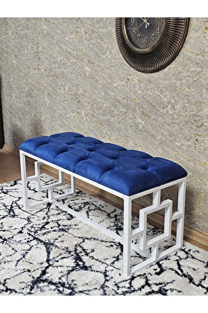 Beyaz Boyalı İçi Kareli Diktörtgen 100 cm x 40 cm Oturak Puf - Bench - Makyaj Oturağı - Oturak Mavi Renk 100 x 40 Boyut/Ebat