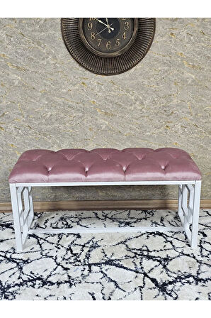 Beyaz Boyalı İçi Kareli Diktörtgen 100 cm x 40 cm Oturak Puf - Bench - Makyaj Oturağı - Oturak Pembe Renk 100 x 40 Boyut/Ebat