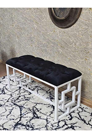 Beyaz Boyalı İçi Kareli Diktörtgen 100 cm x 40 cm Oturak Puf - Bench - Makyaj Oturağı - Oturak Siyah Renk 100 x 40 Boyut/Ebat