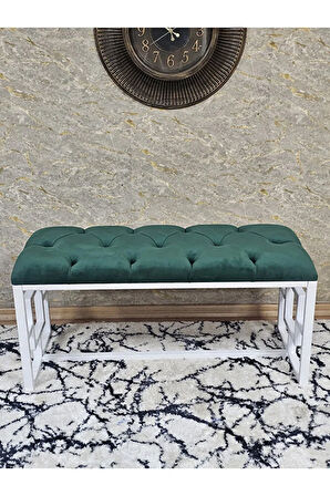 Beyaz Boyalı İçi Kareli Diktörtgen 100 cm x 40 cm Oturak Puf - Bench - Makyaj Oturağı - Oturak Yeşil Renk 100 x 40 Boyut/Ebat