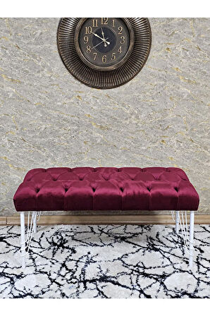 Beyaz Boyalı Tel Ayaklı 90 cm Puf Bench - Puf - Bench - Kasalı Oturak - Oturak - Yatak Ucu Puf Bordo Renk 90 x 41 Boyut/Ebat