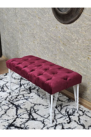 Beyaz Boyalı Tel Ayaklı 90 cm Puf Bench - Puf - Bench - Kasalı Oturak - Oturak - Yatak Ucu Puf Bordo Renk 90 x 41 Boyut/Ebat
