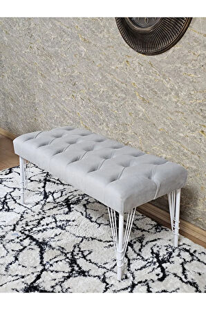 Beyaz Boyalı Tel Ayaklı 90 cm Puf Bench - Puf - Bench - Kasalı Oturak - Oturak - Yatak Ucu Puf Gri Renk 90 x 41 Boyut/Ebat