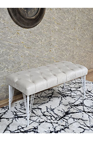 Beyaz Boyalı Tel Ayaklı 90 cm Puf Bench - Puf - Bench - Kasalı Oturak - Oturak - Yatak Ucu Puf Krem Renk 90 x 41 Boyut/Ebat