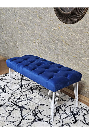 Beyaz Boyalı Tel Ayaklı 90 cm Puf Bench - Puf - Bench - Kasalı Oturak - Oturak - Yatak Ucu Puf Mavi Renk 90 x 41 Boyut/Ebat