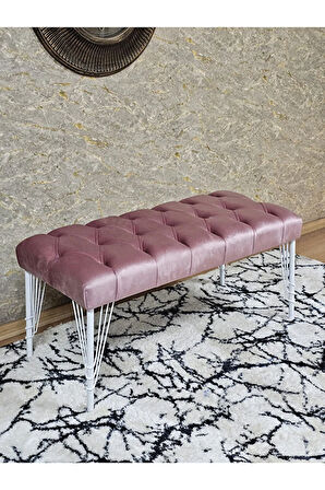 Beyaz Boyalı Tel Ayaklı 90 cm Puf Bench - Puf - Bench - Kasalı Oturak - Oturak - Yatak Ucu Puf Pembe Renk 90 x 41 Boyut/Ebat