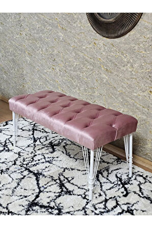 Beyaz Boyalı Tel Ayaklı 90 cm Puf Bench - Puf - Bench - Kasalı Oturak - Oturak - Yatak Ucu Puf Pembe Renk 90 x 41 Boyut/Ebat