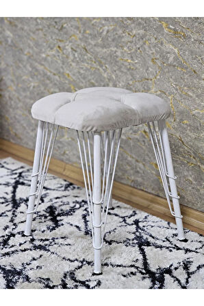 Kare Beyaz Boyalı Telli Ayaklı Tabure - Oturak - Bar Taburesi - Ayaklı Tabure Krem Renk 33 x 48 Boyut/Ebat