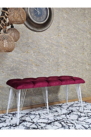 Metal Beyaz Tel Ayaklı 100 cm Puf Bench - Puf - Bench - Oturak - Mutfak Oturağı - Antre Oturağı Bordo Renk 100 x 40 Boyut/Ebat