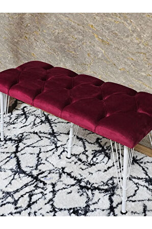 Metal Beyaz Tel Ayaklı 100 cm Puf Bench - Puf - Bench - Oturak - Mutfak Oturağı - Antre Oturağı Bordo Renk 100 x 40 Boyut/Ebat