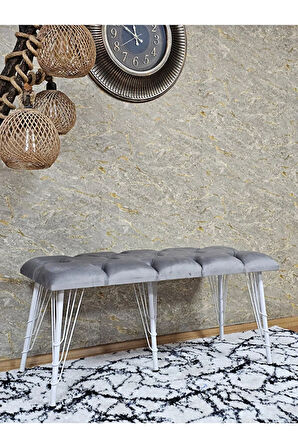 Metal Beyaz Tel Ayaklı 100 cm Puf Bench - Puf - Bench - Oturak - Mutfak Oturağı - Antre Oturağı Gri Renk 100 x 40 Boyut/Ebat