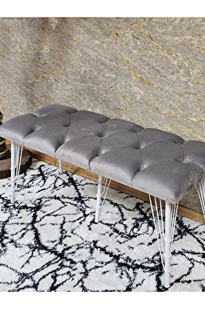 Metal Beyaz Tel Ayaklı 100 cm Puf Bench - Puf - Bench - Oturak - Mutfak Oturağı - Antre Oturağı Gri Renk 100 x 40 Boyut/Ebat