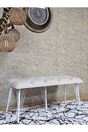 Metal Beyaz Tel Ayaklı 100 cm Puf Bench - Puf - Bench - Oturak - Mutfak Oturağı - Antre Oturağı Krem Renk 100 x 40 Boyut/Ebat