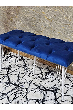 Metal Beyaz Tel Ayaklı 100 cm Puf Bench - Puf - Bench - Oturak - Mutfak Oturağı - Antre Oturağı Mavi Renk 100 x 40 Boyut/Ebat