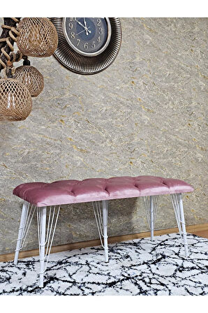 Metal Beyaz Tel Ayaklı 100 cm Puf Bench - Puf - Bench - Oturak - Mutfak Oturağı - Antre Oturağı Pembe Renk 100 x 40 Boyut/Ebat