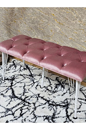 Metal Beyaz Tel Ayaklı 100 cm Puf Bench - Puf - Bench - Oturak - Mutfak Oturağı - Antre Oturağı Pembe Renk 100 x 40 Boyut/Ebat