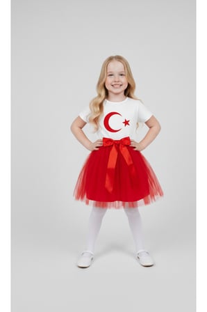 Kız Çocuk 23 Nisan 29 Ekim Gösteri Kıyafeti Kostüm Tütü Etek Kısa Kol Ayyıldız Tshirt Takım