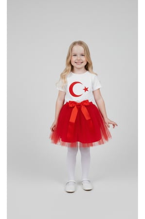 Kız Çocuk 23 Nisan 29 Ekim Gösteri Kıyafeti Kostüm Tütü Etek Kısa Kol Ayyıldız Tshirt Takım