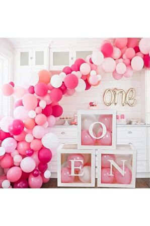  One Yazılı Şeffaf Kutu Harf Beyaz Pembe Beyaz Balonlu
