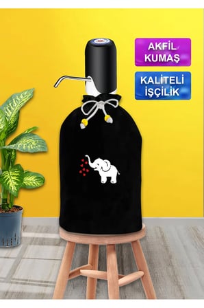 Siyah Damacana Kılıfı Kalpli Beyaz Fil Baskılı Siyah Kumaş Damacana Kılıfı