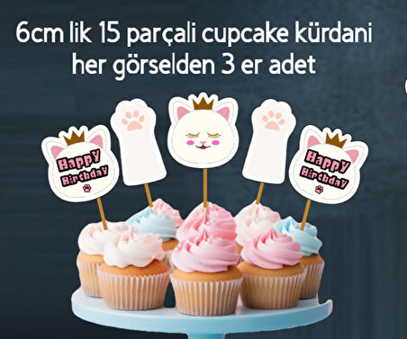 32 Parça Tam Set Beyaz Sevimli Kedi Doğum Günü Seti Banner +Pasta Kürdanı+ Cupcake Süsü Seti
