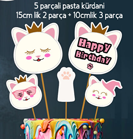 32 Parça Tam Set Beyaz Sevimli Kedi Doğum Günü Seti Banner +Pasta Kürdanı+ Cupcake Süsü Seti