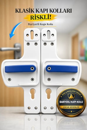 Bariyerli Kapı Kolu | Beyaz-Lacivert | Çocuk Güvenlikli | Okul, Kreş ve Eğitim Alanlarına Uygun