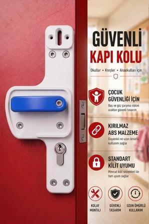 Bariyerli Kapı Kolu | Beyaz-Lacivert | Çocuk Güvenlikli | Okul, Kreş ve Eğitim Alanlarına Uygun