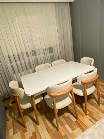 Ligna Beyaz 80x132 Açılabilir Mdf Masa Yemek Odası Takımı, Mutfak Takımı 6 Adet Sandalye