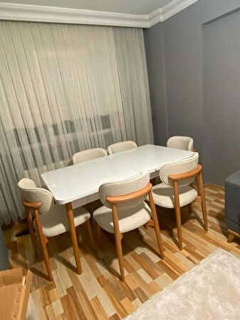 Ligna Beyaz 80x132 Açılabilir Mdf Masa Yemek Odası Takımı, Mutfak Takımı 6 Adet Sandalye