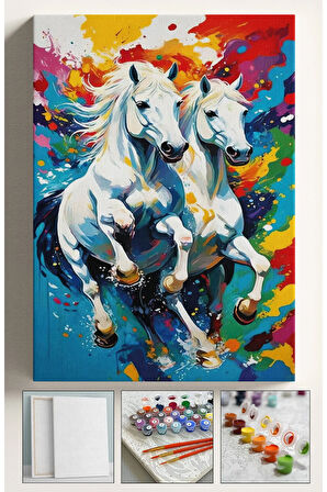 Sayılarla Boyama Hobi Seti Çerçeveli Numaralı Tuval Fırça Boya Kasnaklı BEYAZ RENK ATLAR 40x50 Cm