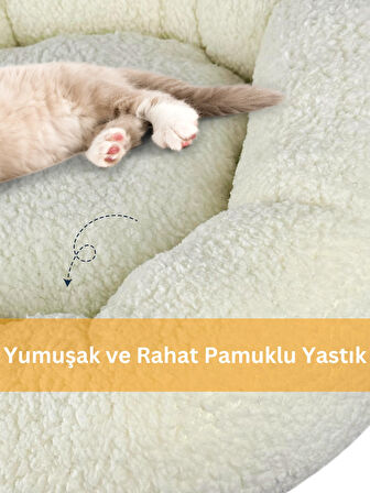 Beylini Kedi Köpek Yatağı Peluş Kumaş Minderli Konforlu Oyun Uyku Alanı Yatağı Krem 50X50