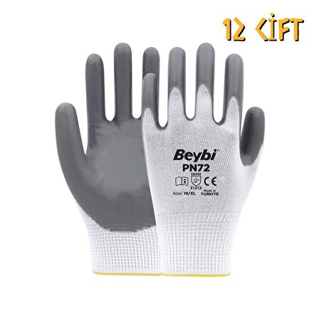 Beybi Polyester-Nitril İş Eldiveni PN72 No: 10 GRİ - 12 Çift