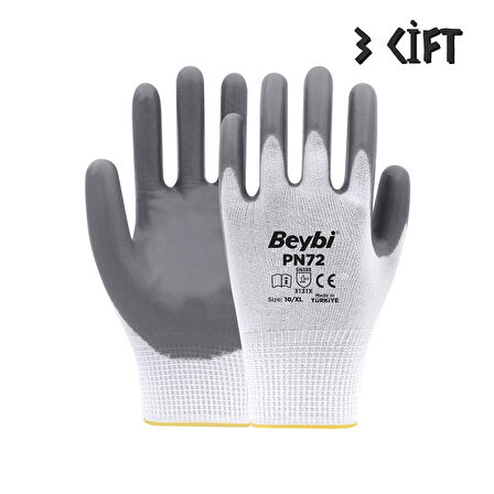 Beybi Polyester-Nitril İş Eldiveni PN72 No: 10 GRİ - 3 Çift