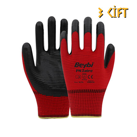 Beybi Polyester-Nitril İş Eldiveni PN5 Zebra No: 10 KIRMIZI - 3 Çift