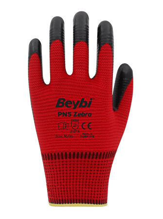 Beybi Polyester-Nitril İş Eldiveni PN5 Zebra No: 10 KIRMIZI - 3 Çift