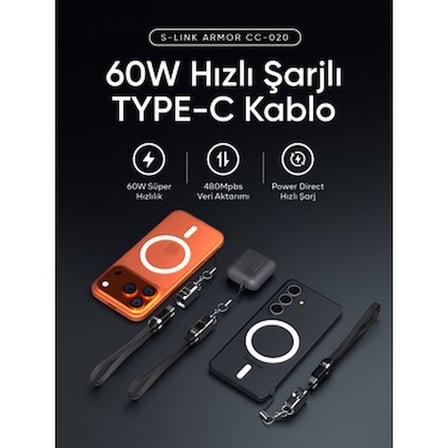 Örgülü Metal Başlıklı 60W Şarj Kablosu - 20 cm Type-C Bağlantı
