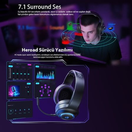 Qcy Heroad V200 Rgb 7.1 USB Kablolu Gaming Oyuncu Kulaklığı (Pc