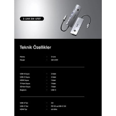 Gri Metal HDMI OnOff, 7 in 1 Çoklu Bağlantı Destekler