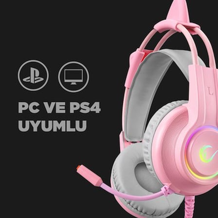 Rampage RM-K91 X-CATTY Pembe USB 7.1 Version RGB (Kedi Kulak) Gaming Oyuncu Mikrofonlu