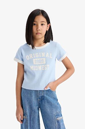 Kız Çocuk Slim Fit Dar Kesim Bisiklet Yaka Baskılı Fitilli Kaşkorse Kısa Kollu Tişört