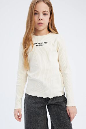 DeFacto Kız Çocuk Slim Fit Dar Kesim Bisiklet Yaka Baskılı Fitilli Kaşkorse Uzun Kollu Tişört D8565A825SPER99