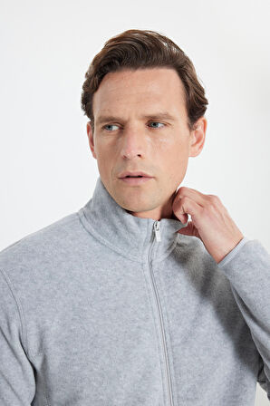 Erkek Gri Anti-pilling Tüylenme Yapmayan Standart Fit Normal Kesim Bato Yaka Sweatshirt Polar Ceket