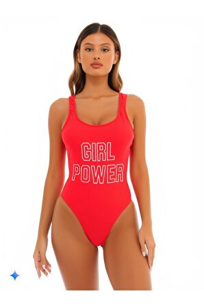 Kırmızı DAR KALIP Girl Power Baskılı Mayo