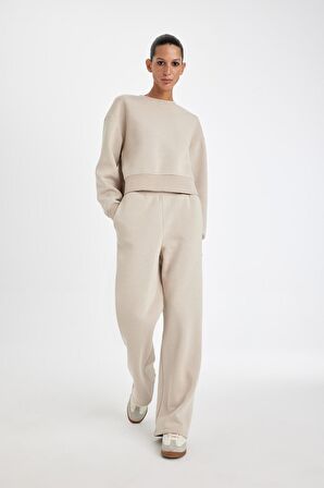 DeFacto Straight Fit Beli Lastikli Eşofman Altı Yüksek Bel Cepli Kalın Basic Düz B8571AX24WNBG187