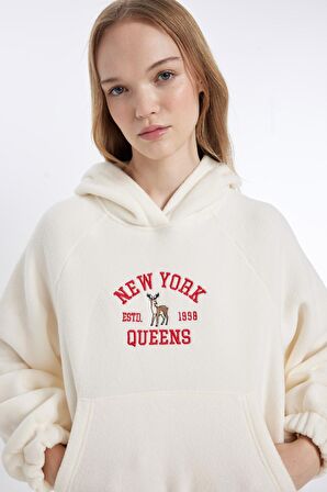 Yılbaşı Temalı Coool Loose Fit Slogan Desenli Polar Sweatshirt