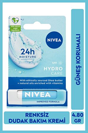 Nivea Hydro Care Dudak Bakım Kremi 4.8gr, Gün Boyu Nemlendirici Ve Koruyucu, Spf15, Doğal Yağlar Içerir