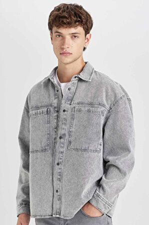 DeFacto Oversize Geniş Kalıp Pamuklu Jean Uzun Kollu Basic Düz Gömlek D0449AX24AUNM18