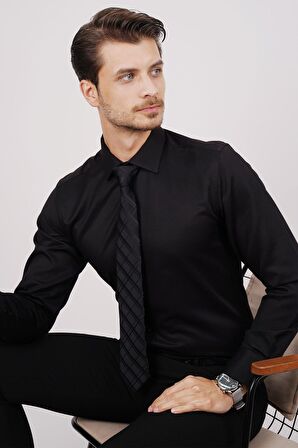 Gömlek Kravat Seti ( sunda Siyah Baklava Desenli Kravat & Siyah Saten Slimfit Gömlek)