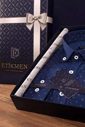 Erkek Lacivert Nokta Baskılı Slimfit Gömlek
